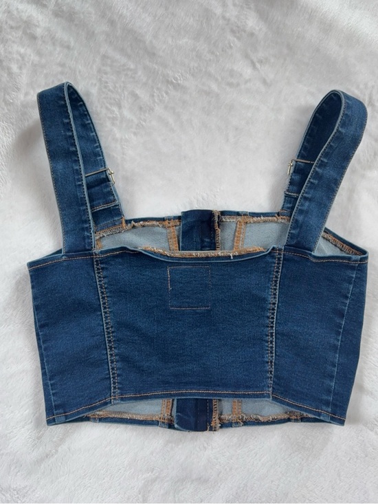 Denim Zip-Front Crop Vest Top Stretchy with Pockets and Adjustable Straps Small - Picture 2 of 7